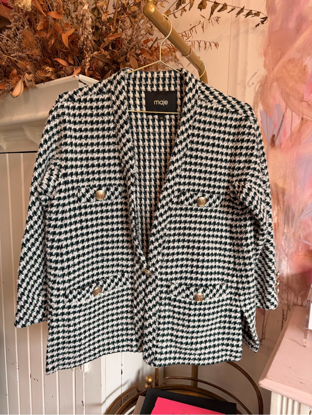 Maje Black and White Houndstooth Tweed Blazer with Gold Buttons